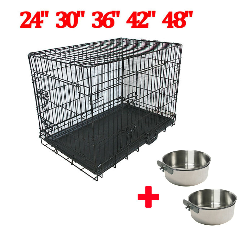 Metal Dog Cage Crate Puppy Pet Carrier Training Folding Carrier Feeding Bowls